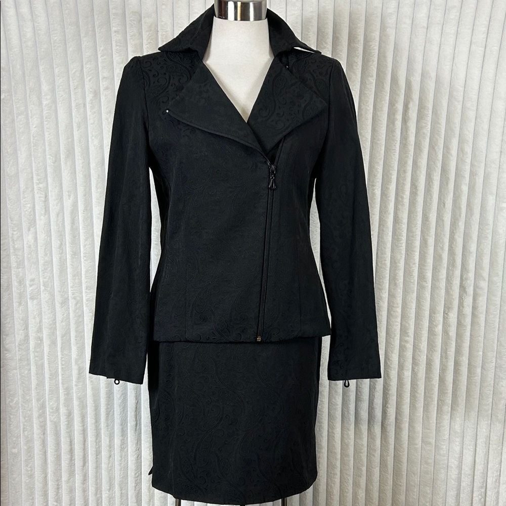 Vintage Isisport black Paisley print Moto style blazer matching mini skirt 4